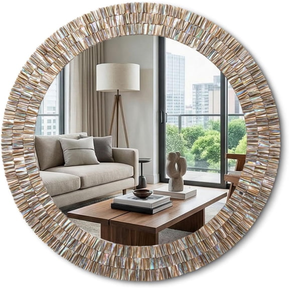 Sintuff 30 in Round Capiz Shell Wall Mirror, Coastal Seashell Sunburst Decorative Mirror for Living Room, Bedroom & Vanity