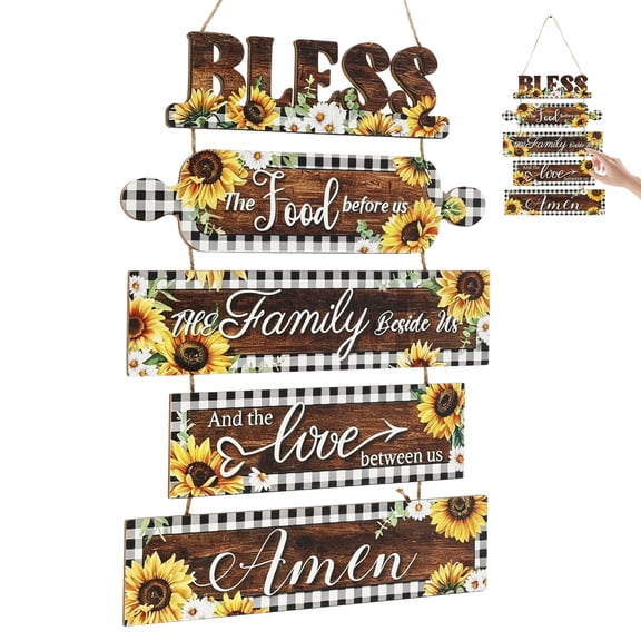 Sunflower Kitchen Wall Decor Bless The Food Before Us Sign | Wooden Farmhouse Sunflower Kitchen Decor, Rustic Sunflower Wall Art, Country Hanging Decoration for Home Dining Room