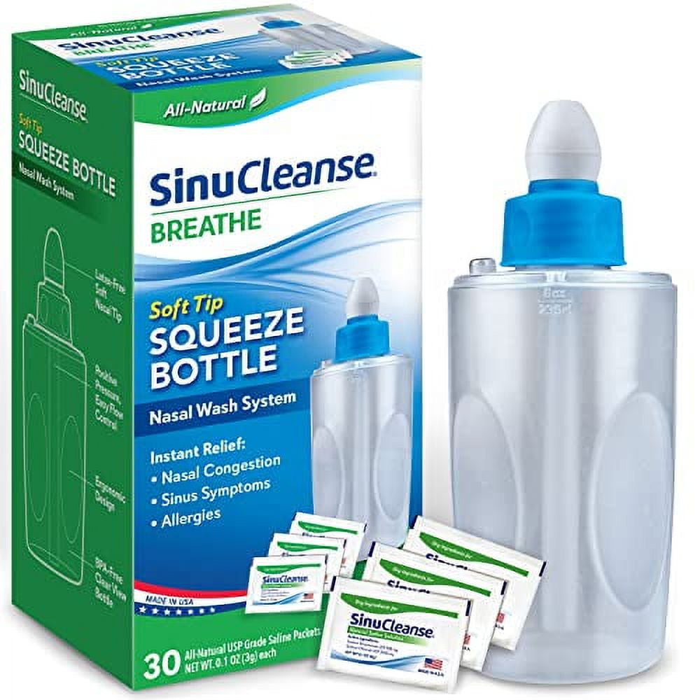 SinuCleanse Soft Tip Squeeze Bottle Nasal Wash Irrigation System, Relieves  Nasal Congestion & Irritation from Cold & Flu, Dry Air, Allergies, Includes