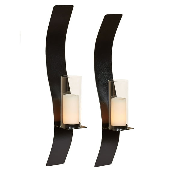 Sinuous Wall Sconce Pair Black - Handcrafted Steel - Glass Hurricane - Set of 2 - Metal Sconces Holder for Bedroom, Bathroom, Living Room, Kitchen Walls Large 32 Inches High