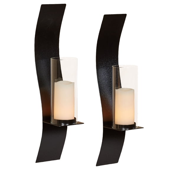 Sinuous Wall Sconce Pair Black - Handcrafted Steel - Glass Hurricane - Set of 2 - Metal Sconces Holder for Bedroom, Bathroom, Living Room, Kitchen Walls Small 24 Inches High