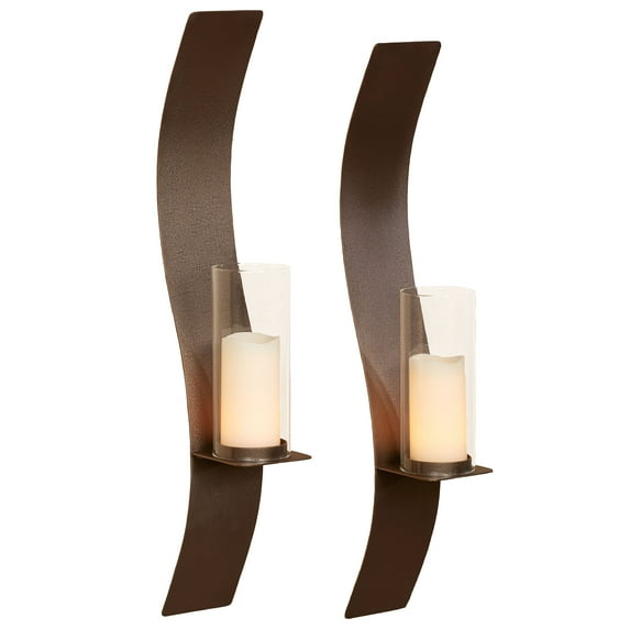 Sinuous Wall Sconce Pair Rich Bronze - Handcrafted Steel - Glass Hurricane - Set of 2 - Metal Sconces Holder for Bedroom, Bathroom, Living Room, Kitchen Walls Large 32 Inches High