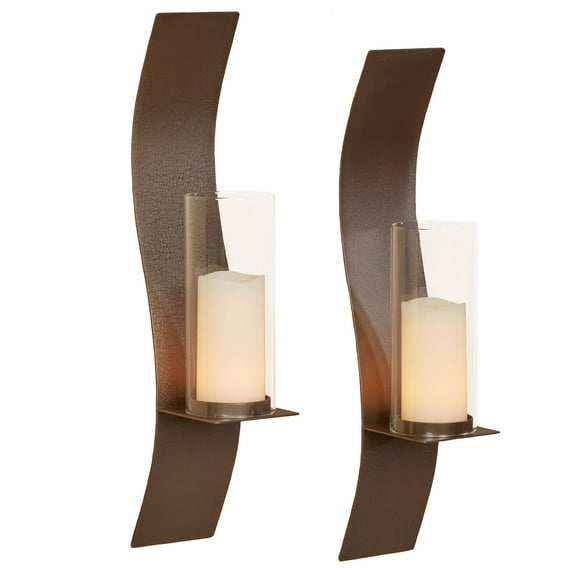 Sinuous Wall Sconce Pair Rich Bronze - Handcrafted Steel - Glass Hurricane - Set of 2 - Metal Sconces Holder for Bedroom, Bathroom, Living Room, Kitchen Walls Small 24 Inches High
