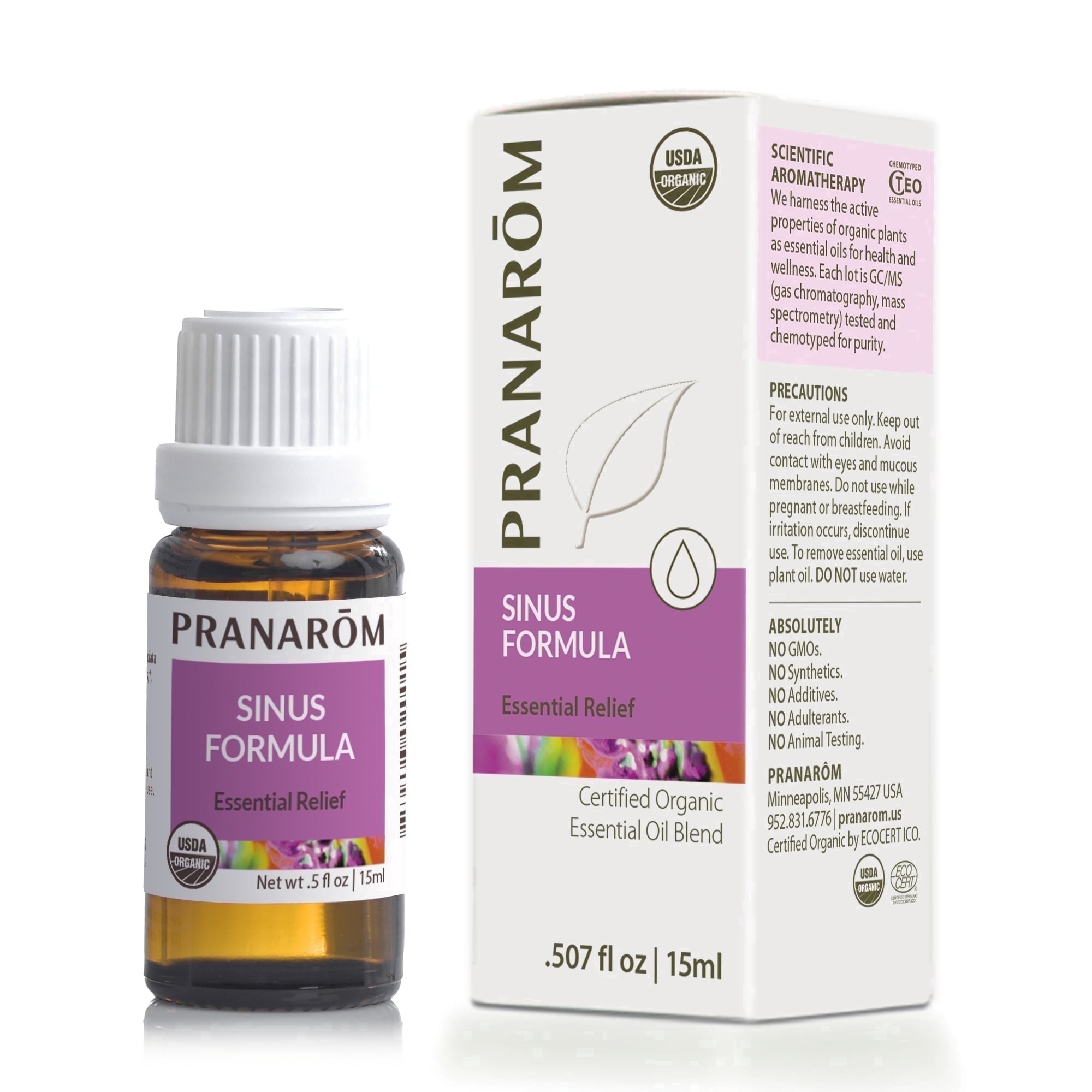 Pranarōm Sinus Formula, USDA Certified Organic Essential Oil for Wellness, 15ml