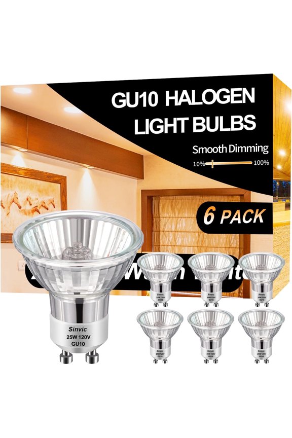 GU10 Halogen 25W Bulbs, 6 pack GU10+C 120V 25W with 2800k Warm White, Long Lifespan GU10 MR16 Dimmable for Track & Recessed Lighting