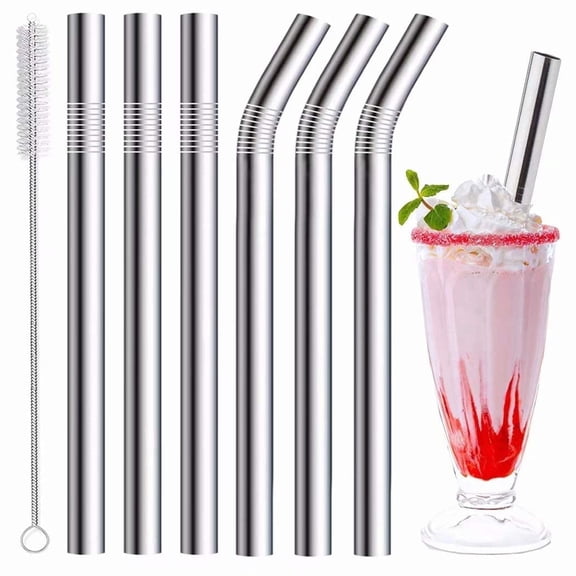 Sinvic Jumbo Smoothie and Milkshake Reusable Metal Straws, 10mm Wide for Boba, 8.5 Inch Long for 30oz Tumbler, Stainless Steel, 3 Straight and 3 Bent with 1 Cleaning Brush