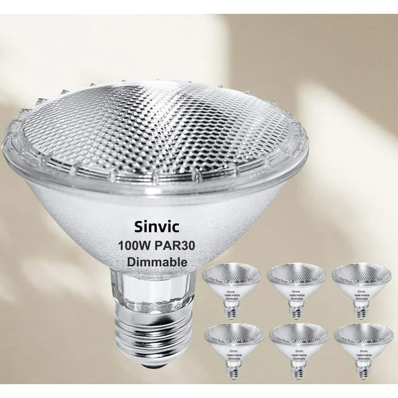 Sinvic PAR30 Halogen Bulb 100W 120V E26 Base, 6 Pack PAR30 Short Neck Halogen Long Lifespan，100W PAR30 Dimmable 3000k Warm White，High Out PAR30 Flood Light Instead for Flood Light Bulb Outdoor.