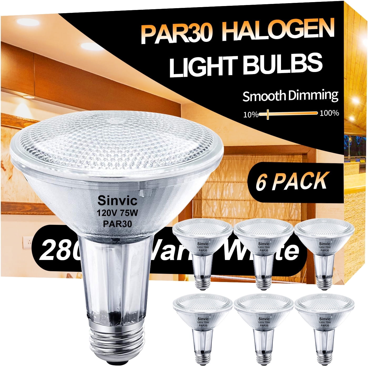 6PCS Sinvic Dimmable PAR30 Long Neck (PAR30L) Halogen Flood Bulbs Light, 75W 120V E26 Base Warm White for Recessed