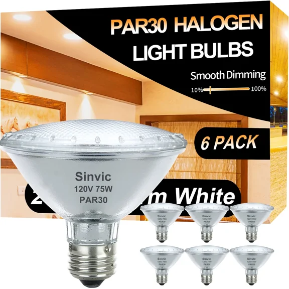 Sinvic Par30 Short Neck, 6 Pack High Output Par30s Halogen 75W 120V, Par30 Dimmable Warm White 3000K, 75W Par30 Flood Light with E26 Medium Base for Recessed Trim Lighting, Track Light