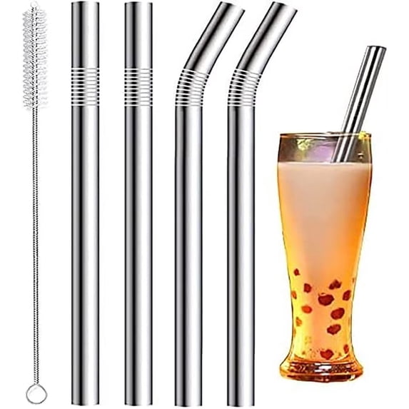Sinvic Jumbo Smoothie and Milkshake Reusable Metal Straws, 12mm Wide for Boba, 8.5 Inch Long for 30oz Tumbler, Stainless Steel, 2 Straight and 2 Bent with 1 Cleaning Brush