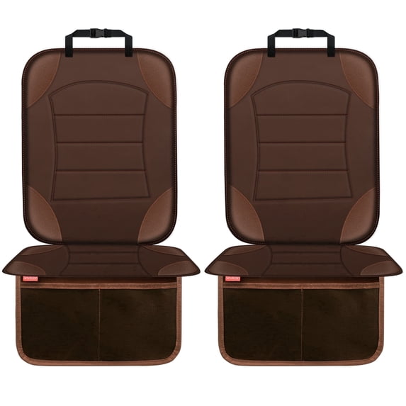 Sinvitron Car Seat Protector for Child Car Seat - Waterproof Non-Slip Leather Mat with 2 Mesh Pockets, Universal Seat Cover for Baby, Pets & Vehicles(2-Pack, Brown)
