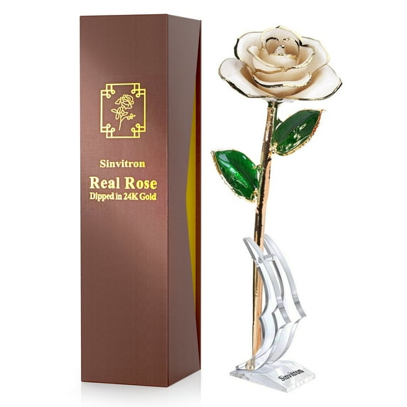 Sinvitron Gold Dipped Rose 24K Real Rose, Long Stem Gold Plated Rose with Stand,Birthday Gifts for Her,Gifts for Mom,Golden Rose for Anniversary Valentines Day Mothers Day (Ivory White)