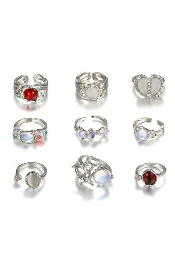 9PCS Silver Plated Moonstone Rings Set for Women Teens Dainty Heart Open Finger Rings Crystal Rhinestones Jewelry Gift