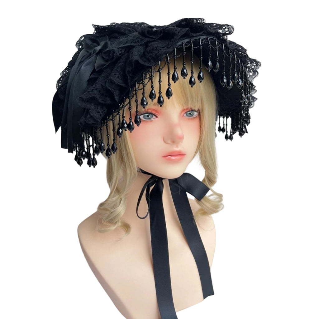 Sinyiin Black Lace Victorian Bonnet Hat Gothic Theme Headwear Fringed Bowknot Headwear