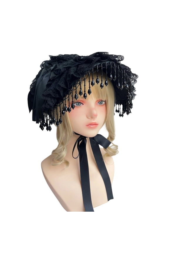 Black Lace Victorian Bonnet Hat Gothic Theme Headwear Fringed Bowknot Headwear