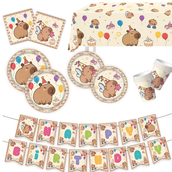 Sinyiin Capybara Themed Biodegradable Paper Cups Dish And Banners Flags For Kids Birthday Parties Family Gatherings