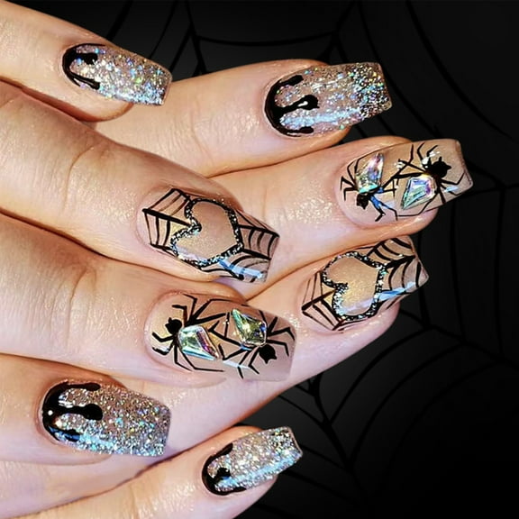 Sinyiin Halloween Spiders Web Glitters False Nail With Heart Design For Party Nail Art