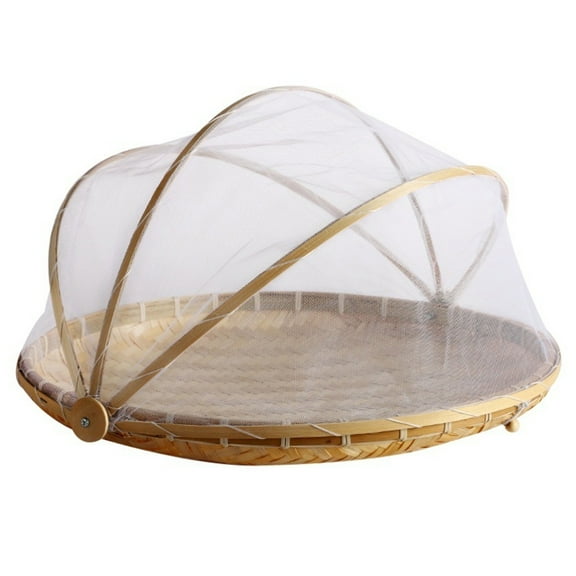 Sinyiin Handmade Bamboo Woven Fruit Vegetable Basket with Mosquito Bug Proof Net Round Dustproof Wicker Picnic Tray Food Bread Dishes with Gauze Cover Mesh Drying Food Storage Dustpan