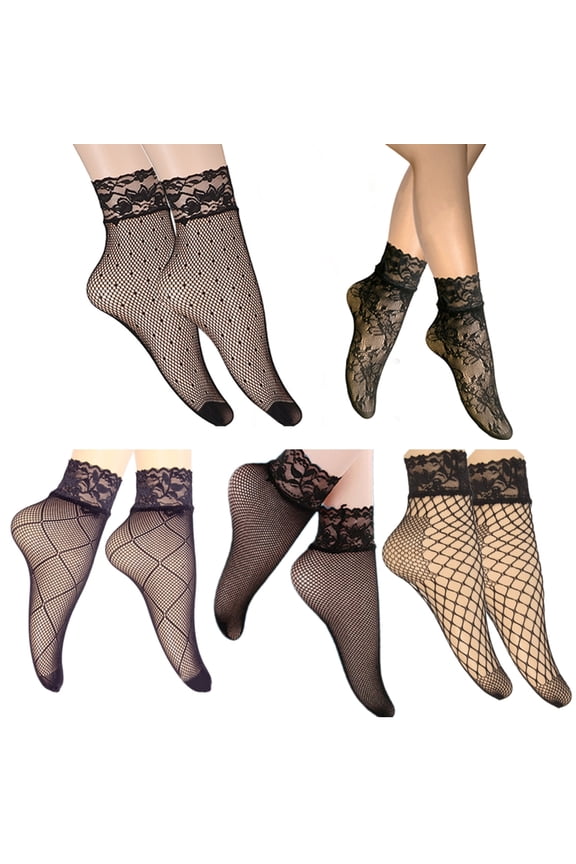 Lace Trim Black Fishnet Patterned Ankle Socks Breathable Nylon Mesh Soft Summer Short Crew Socks For Women 5 Pairs Set