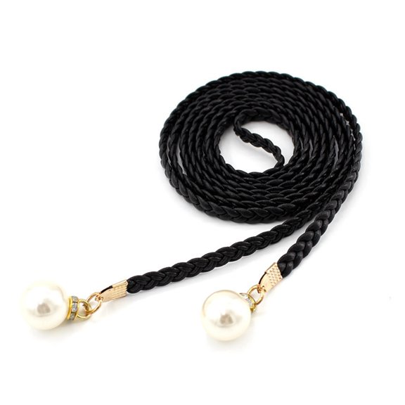Sinyiin Vintage Bohemian Thin Belt Summer White Pearl Decors Braided Belt for Summer