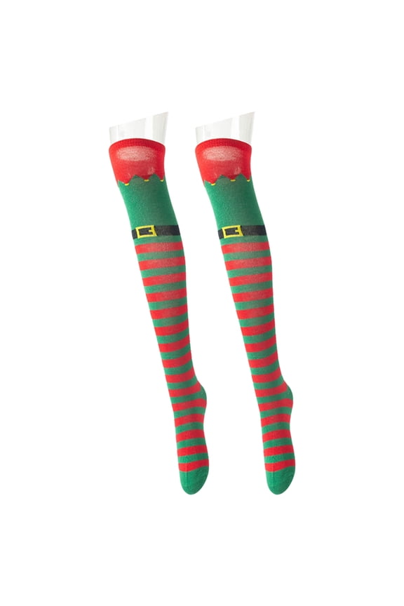 Women Festival Christmas Elf Striped Stockings Cosplay Thigh High Long Socks