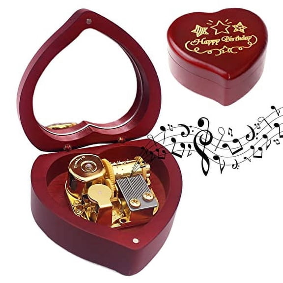 Sinzyo Heart Shaped Vintage Wood Sankyo Mechanism Musical Box Wind Up Music Box Gift for Christmas/Birthday/Valentine's Day Wine red Heart with Mirror Melody Happy Birthday