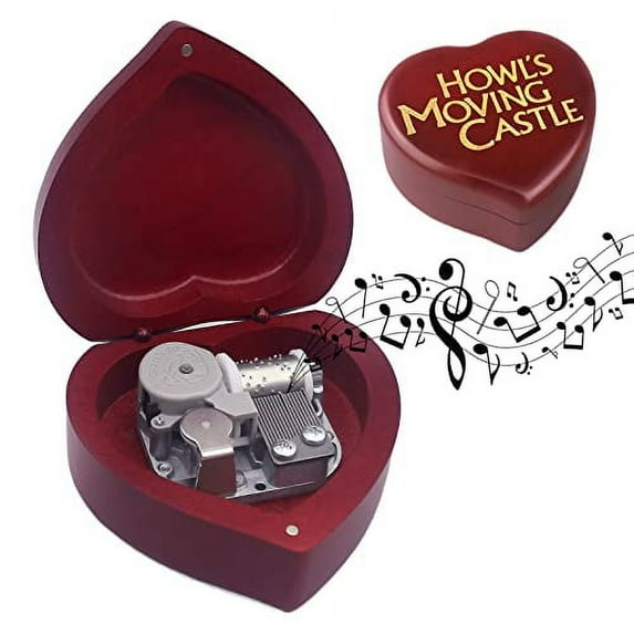 Sinzyo Heart Shaped Vintage Wood Sankyo Mechanism Musical Box Wind Up Music Box Gift for Christmas/Birthday/Valentine's Day Wine red Heart Shape Melody Howl's Moving Castle(Merry Go Round of Life)