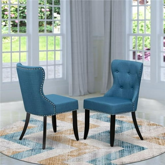 Sion Dinner Chairs Includes Black Wood Structure with Blue Linen Fabric Seat with Nail Head & Button Tufted Back - Set of 2