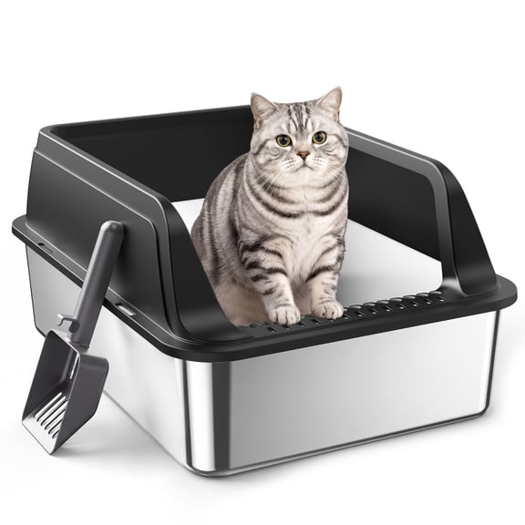 Siooko Large Stainless Steel Litter Box, High Sided Metal Litter Box for Most Cats Kitten, Black