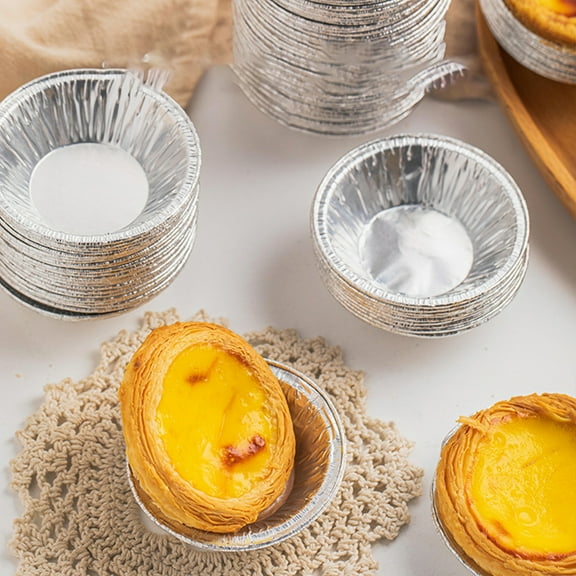 Sioweci 100Pcs Egg Flan Mould Round Disposable Pewter Dessert Cupcake Baking Cups for DIY Fondant
