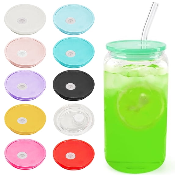 Sioweci 2/10 Pcs Acrylic Lids for 16 Oz Glass Cups Thickened Good Sealing with Straw Hole Easy to Clean Glass Mug Lid Style C