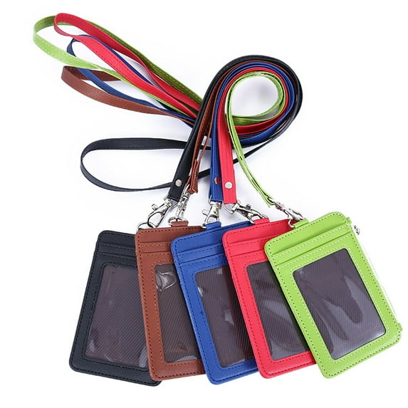 Sioweci 2-In-1 ID Badge Holder with Lanyard Clear Window 5 Card Slots Faux Leather Solid Color Multi-functional Employee ID Card Case Zipper Coins Wallet Green