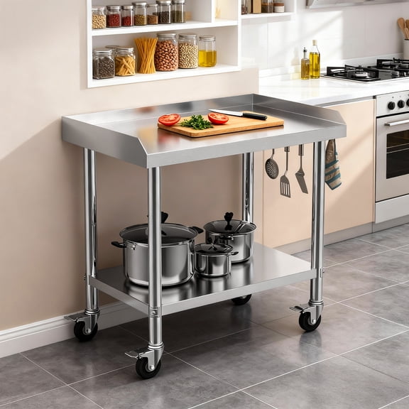 Sioweci 2-Tiers Stainless Steel Work Table with 3-Sided Baffle, Equipment Stand, Detachable Wheels Mobile Workbench with Hooks, for Garage Restaurant Kitchen,36x24 Inch