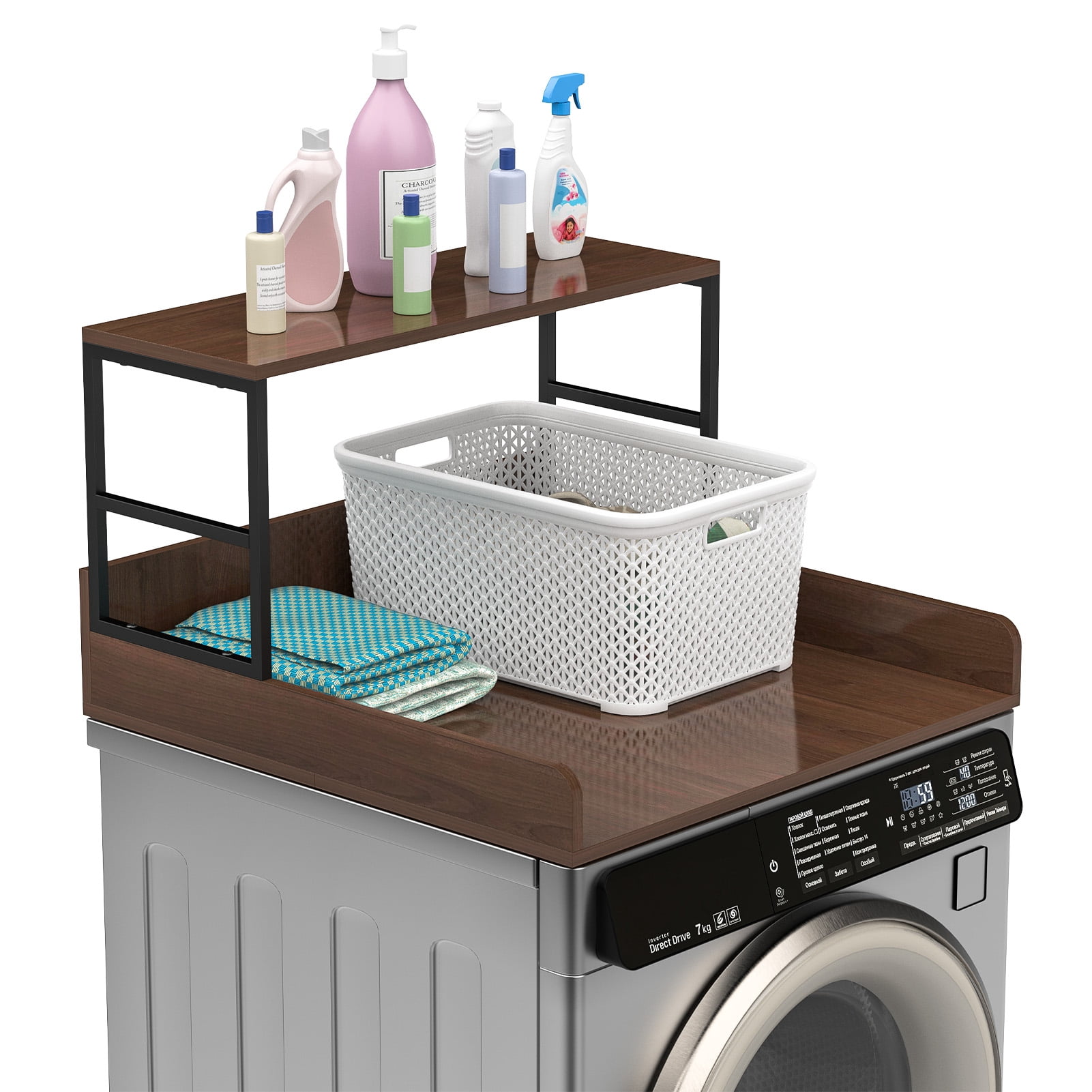 Sioweci 27.5" Washer Dryer Countertop, 2-Tier Laundry Topper with Anti-Slip Strips & Edge Rails, Heavy Duty Laundry Shelf, Laundry Room Storage Organizer,Brown