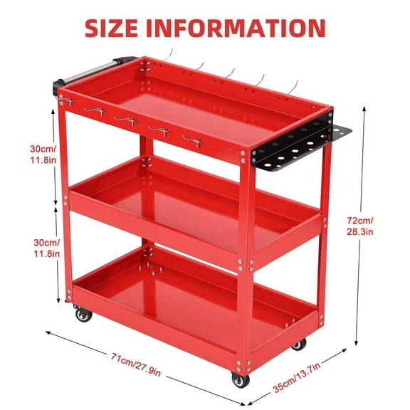 Sioweci 3-Tier Heavy Duty Metal Utility Cart Rolling Tool Cart with Side Hooks,Handle, 330lbs Load Capacity Utility Storage Cart with 4 Rubber Casters Mobile Organizer Cart,Red