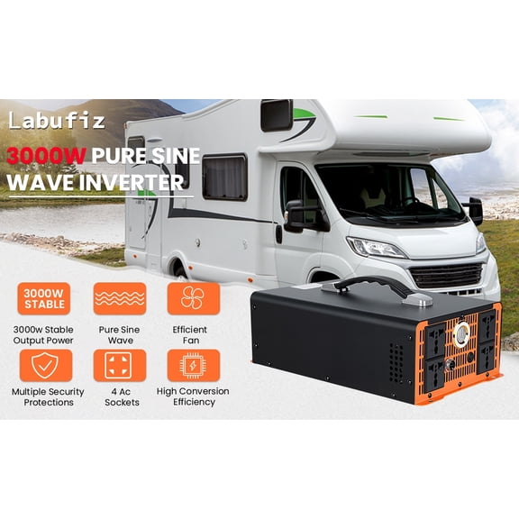 Sioweci 3000W Pure Sine Wave Inverter,4 AC Outlets Power Inverter,12V Direct Current to 110V 120V AC Converter with LCD Display & Wireless Remote Control,Orange