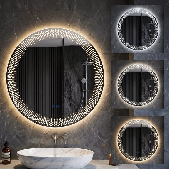 Sioweci 31.5" Round LED Bathroom Mirror, Wall Mounted Circle Lighted Mirror with 3 Color Temperature, Dimmable Brightness, Anti-Fog, Touch Control, Shatter-Proof Tempered Glass