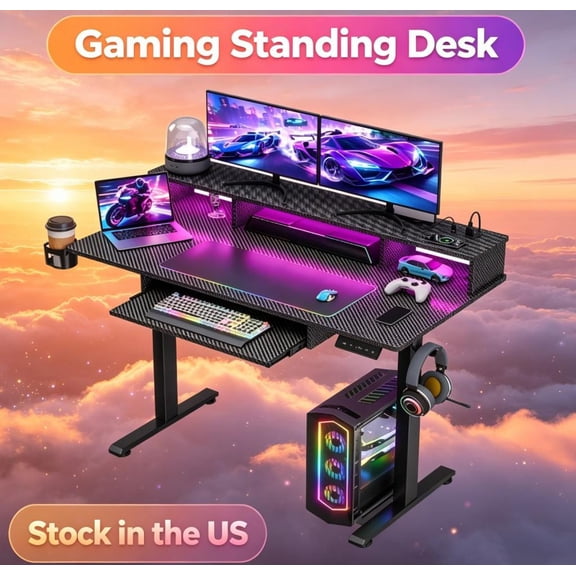 Sioweci 48 Inch Gaming Desk with LED Lights, Large Rgb Computer Gaming Desk Table with Cup Holder Headphone Hook Mouse Pad,Ergonomic Modern Mesa Gamer Pc Work Home Office Desks