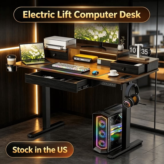 Sioweci 48" X 24" Electric Standing Desk with 2 Drawers,Clamp Mount Compatible, Height Adjustable Computer Desk, Home Office Stand Up Desk with 3 Preset Heights & 2 Hooks