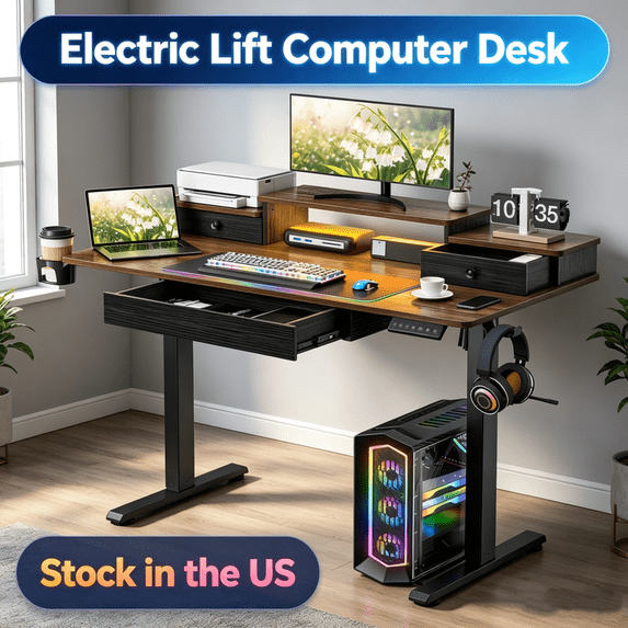 Sioweci 48 x24 Inch Electric Standing Desk with Drawers, Adjustable Height Small Sit Stand Desk for Home Office, Compact Computer Workstation with Storage Rustic,Brown
