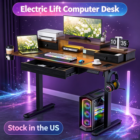 Sioweci 48x24 Inches Electric Standing Desk with Keyboard Tray, Height Adjustable Stand up Desk with 2 Drawers, Ergonomic Sit to Stand Desk with Storage Monitor Stand, Computer Table, Rustic,Brown
