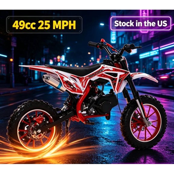 Sioweci 49cc Kids Dirt Bike,Gas Power Motocross 2-Stroke Mini Bike Motorcycle,Pocket Motorbike Off-Road Tires Shock Absorption Springs Soft Seat Cushion Racing 40KM/h with Front Rear Disc Brakes