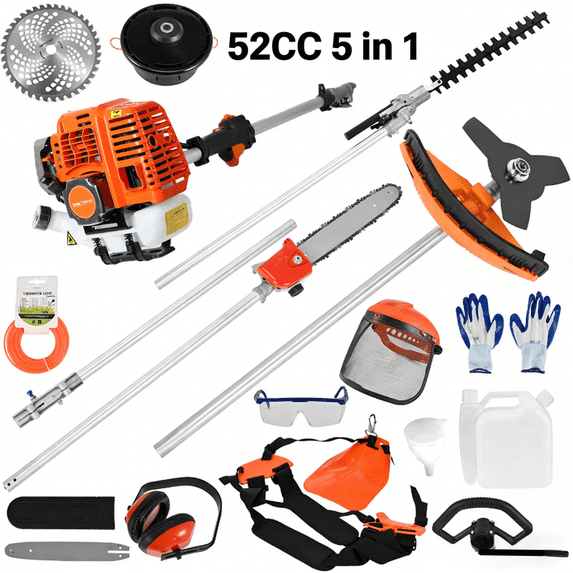Sioweci 5 in 1 52 CC Gas Weed Trimmer,Cordless Hedge Trimmer,Lawn Mower,2-Stroke Brush Cutter,Weed Eater,Multi-functional String Trimmer,Handheld Chainsaw Hedge Pruner (Orange)