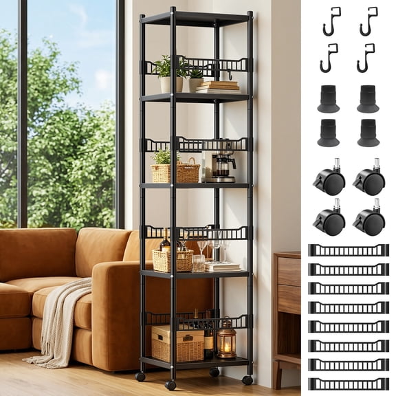 Sioweci 5-Tier Adjustable Metal Storage Shelf,Heavy Duty Iron Shelf with Locking Wheels,Pantry Rack with Triangle Support,440 lbs Capacity,Easy Assembly 15.8" x 13.8" x 63"
