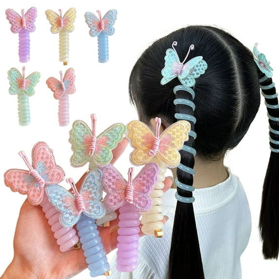 Sioweci 5Pcs Colorful Butterfly Spiral Hair Tie No Crease Traceless Stretch Kids Girls Phone Cord High Ponytail Holder Hair Rope Hair Accessories Yellow