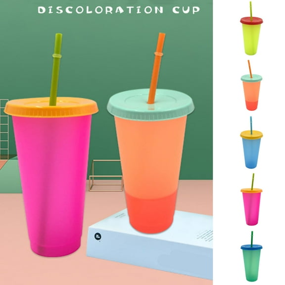 Sioweci 600-700ml Straw Cup Thermal Discoloration with Cover High Capacity Frosted Heat And Cold Discoloration Cup Daily Use Yellow