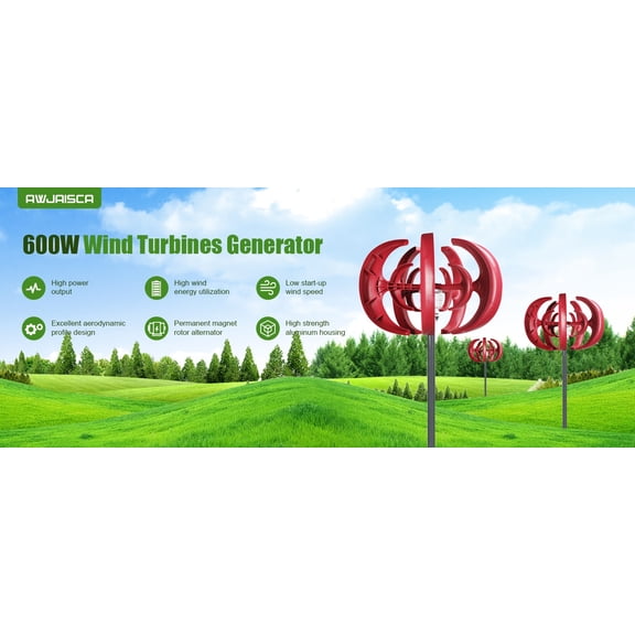Sioweci 600W Wind Turbines Generator,5 Blades DC12V Vertical Axis Wind Turbines Generator Kit,Electromagnetic Electricity Producer Equipment for Home Hybrids Streetlight Use,Red