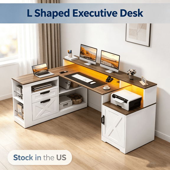 Sioweci 63" Farmhouse L Shaped Desk with Drawers and Printer Stand for Home Office,Computer Desk with Power Outlet, Home Office Desk with Storage Shelves and Monitor Stand, Brown White