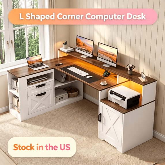 Sioweci 63" Farmhouse L Shaped Desk with Drawers & Storage Shelves,Home Office Desk with Storage Cabinet & Power Outlet,Gaming Table,Modern Computer Table with Storage Shelves & Monitor Stand