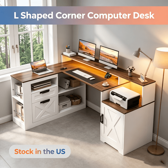 Sioweci 63" Farmhouse Office Desk with 2 Drawers,Executive Computer Desk with Monitor Stand,Home Office Desk with 1 Printer Stand & Power Outlet,White Brown